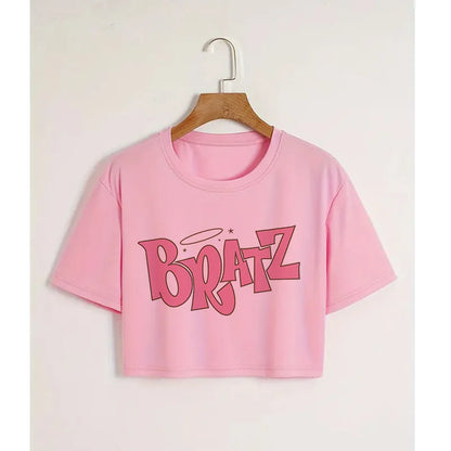 Gothic Bratz Cropped Print Crew Neck T-shirt Y2K Short Sleeve Tight Fit Crop Top Spring Summer Women's Clothing pink--79171
