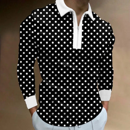 Retro Color Block Men's Polo - Stylish Long Sleeve Golf Shirt with Zipper