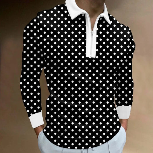 Retro Color Block Men's Polo - Stylish Long Sleeve Golf Shirt with Zipper