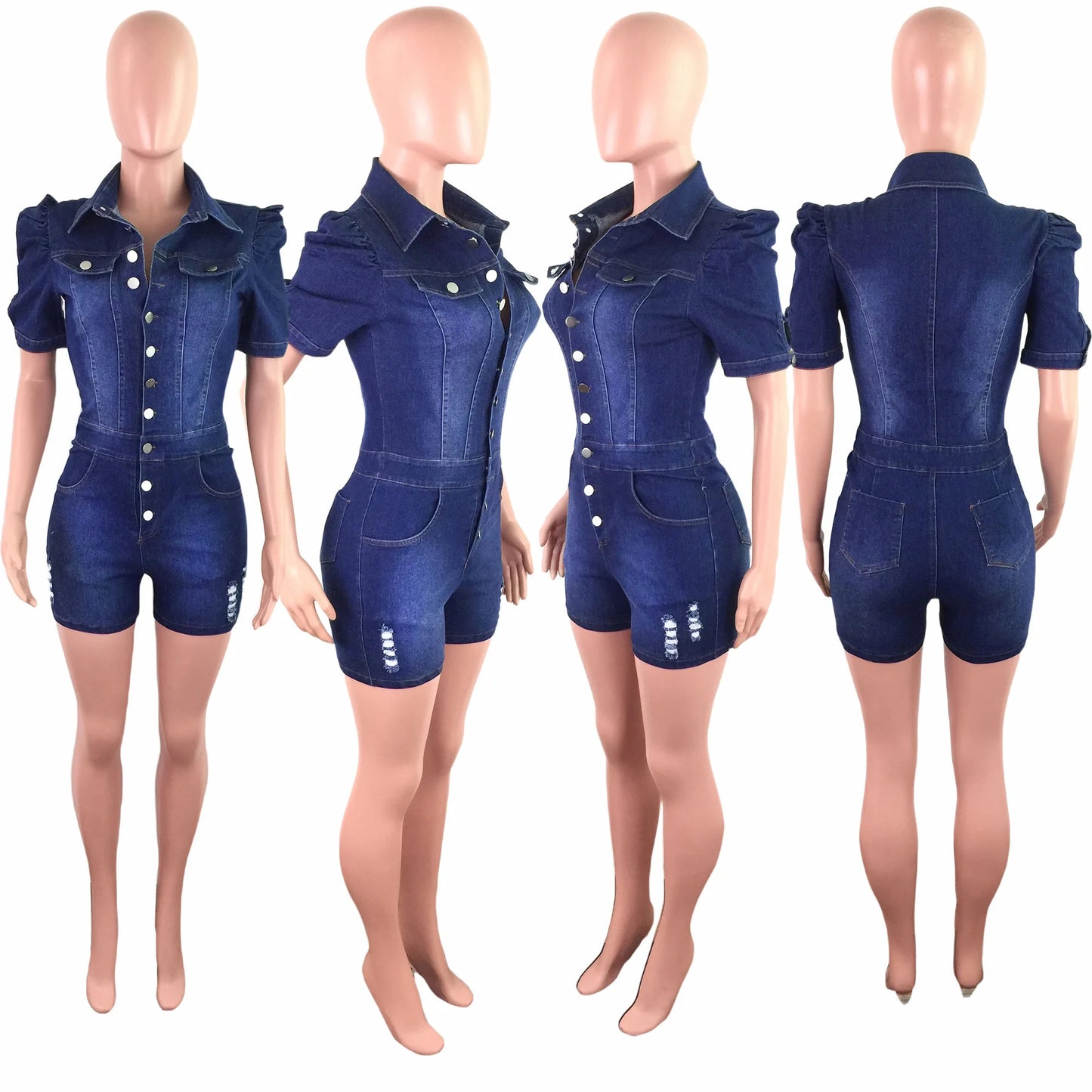 Bleached Denim Rompers Women Jean Overalls Washed Vintage One Piece Single Breasted Shorts Jeans Skinny Solid Distressed