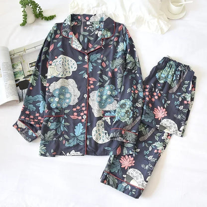 Spring and autumn ladies cute cartoon floral viscose fiber pajamas two-piece long-sleeved home service cotton summer thin shorts 001