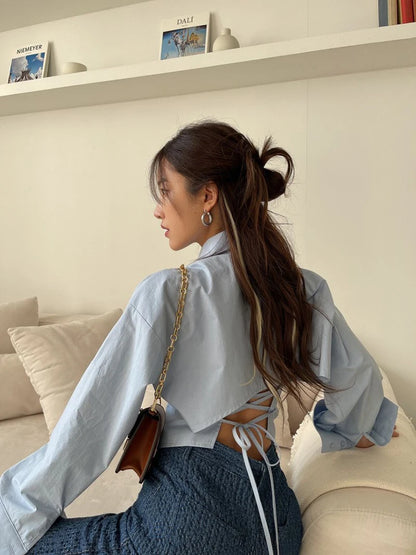 Gidyq Korean Bandage Shirt Women Fashion Backless Sexy Blouse Office Ladies Casual Slim Chic Turn Down Collar Long Sleeve Tops