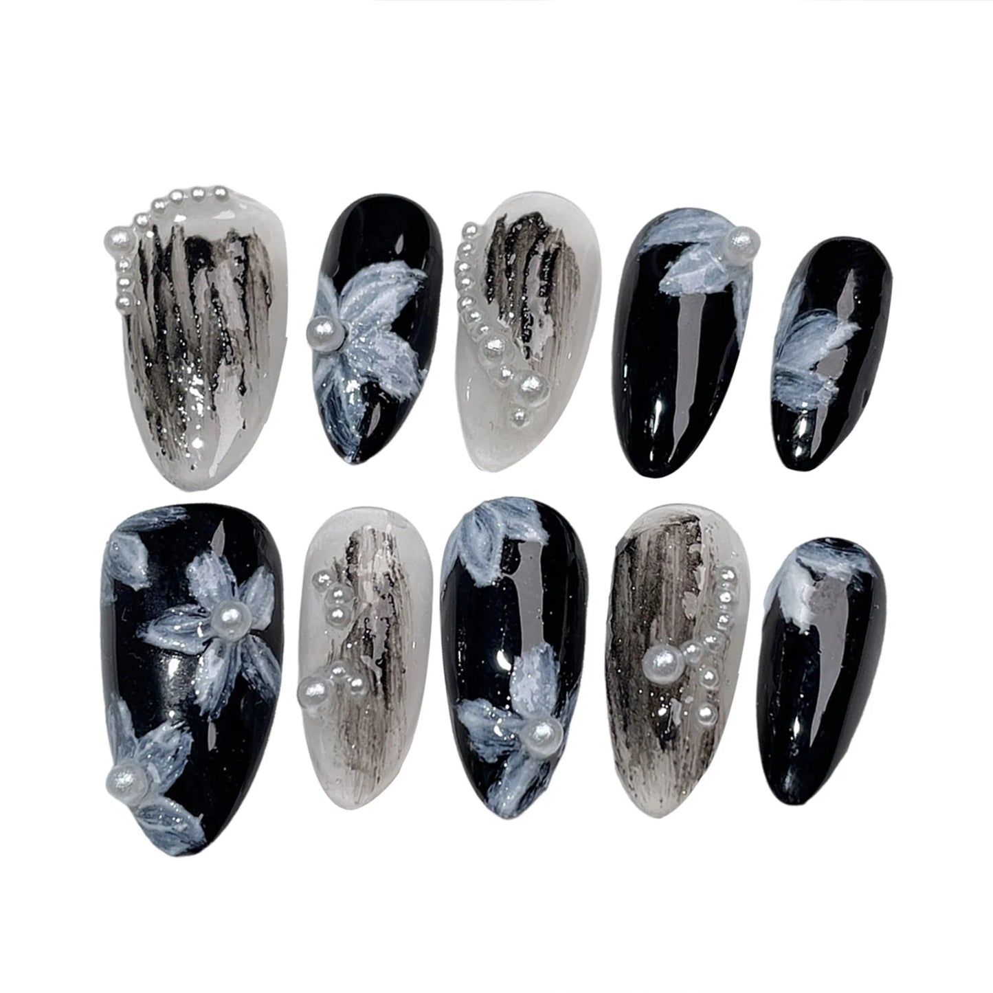 Handmade Press on Nails White Pearl Design Fake Nails with Flower Decor Wearable Detchable Fake Nails for Women DIY Manicure L