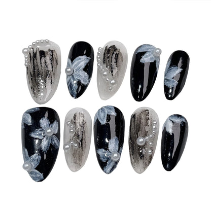 Handmade Press on Nails White Pearl Design Fake Nails with Flower Decor Wearable Detchable Fake Nails for Women DIY Manicure L