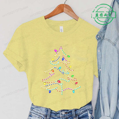 Women's Casual T-Shirts Christmas Lights Xmas Tree Print T-Shirt Christmas Party Design Tops Short Sleeve Ladies T Shirts Tops