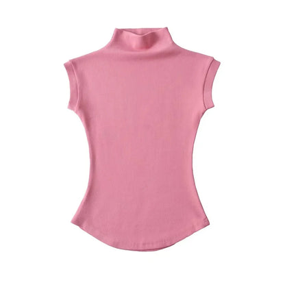 Women Summer Sexy Turtleneck Sleeveless T-Shirts Tops Solid Slim Fit Pullovers Causal Tees Shirts Female Streetwear Basics Tees Pink