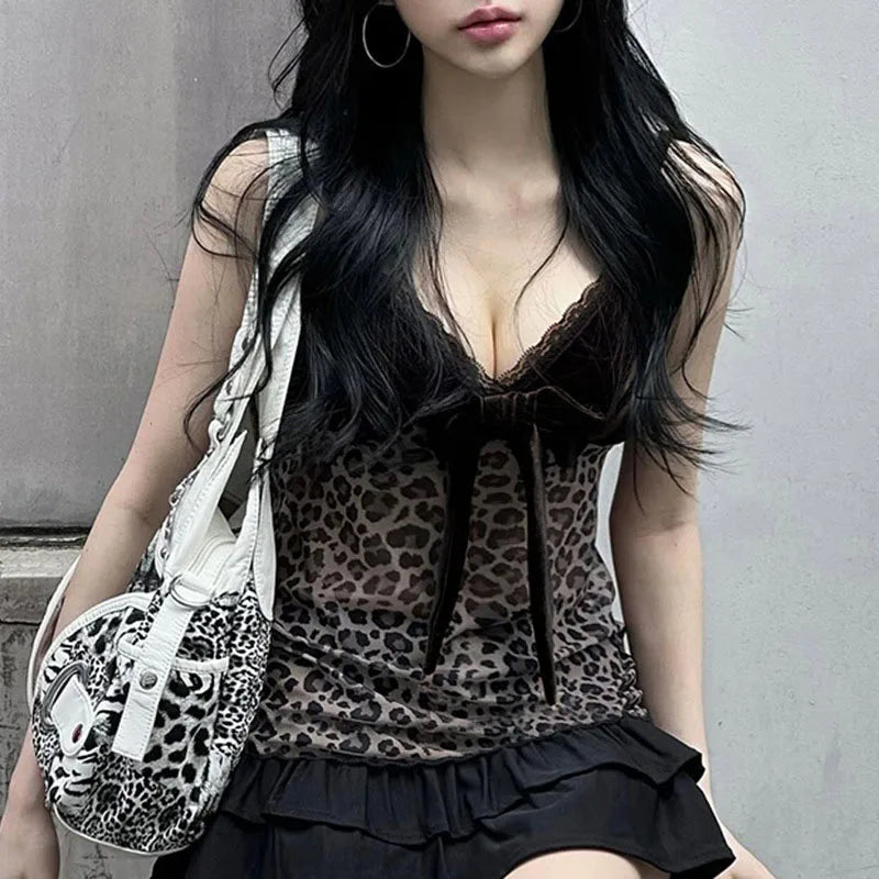 Leopard Mesh Crop Top y2k Bow Velvet Patchwork See Through Mini Vest Grunge Korean Vintage Camisole Lace Frill Tanks