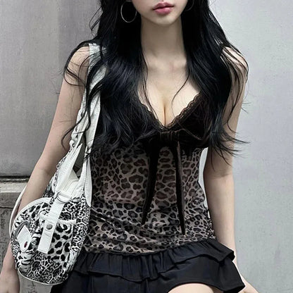 Leopard Mesh Crop Top y2k Bow Velvet Patchwork See Through Mini Vest Grunge Korean Vintage Camisole Lace Frill Tanks