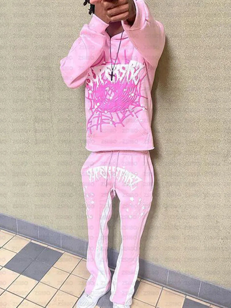 BIG PROMOTION Y2K European and American Autumn/Winter Men's Hip Hop Street Spider Web Letter Printed Loose Hooded Sweater