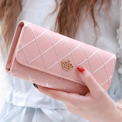 Black Long Wallets for Women PU Leather Diamond Pattern Purse Card Holder Crown Buckle Ladies Phone Bag Fashion Clutch Bag Pnik
