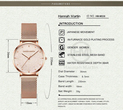 2025 New Women's Luxury Watch Matte Dial Japanese Quartz Movement Stainless Steel Mesh Strap Hannah Martin Brand Original Watch