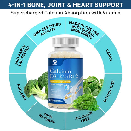 Kexinsh Vitamin D3K2 Capsules Vb12 Calcium Support Calcium Absorption Bone Teeth Heart Brain Health Joints Immune Function