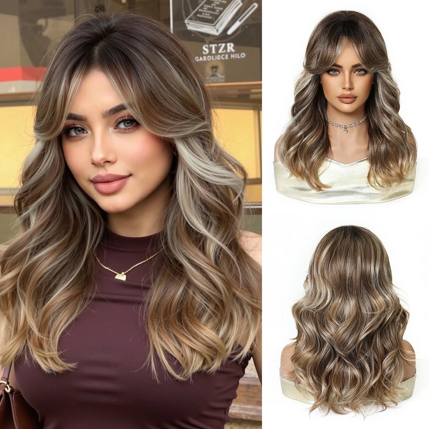 Honey Brown Synthetic Wig Short Wavy Wigs with Medium Part Bangs Cosplay Daily Lolita Curly Hair Wigs for Women Heat Resistant Badiee Stylez