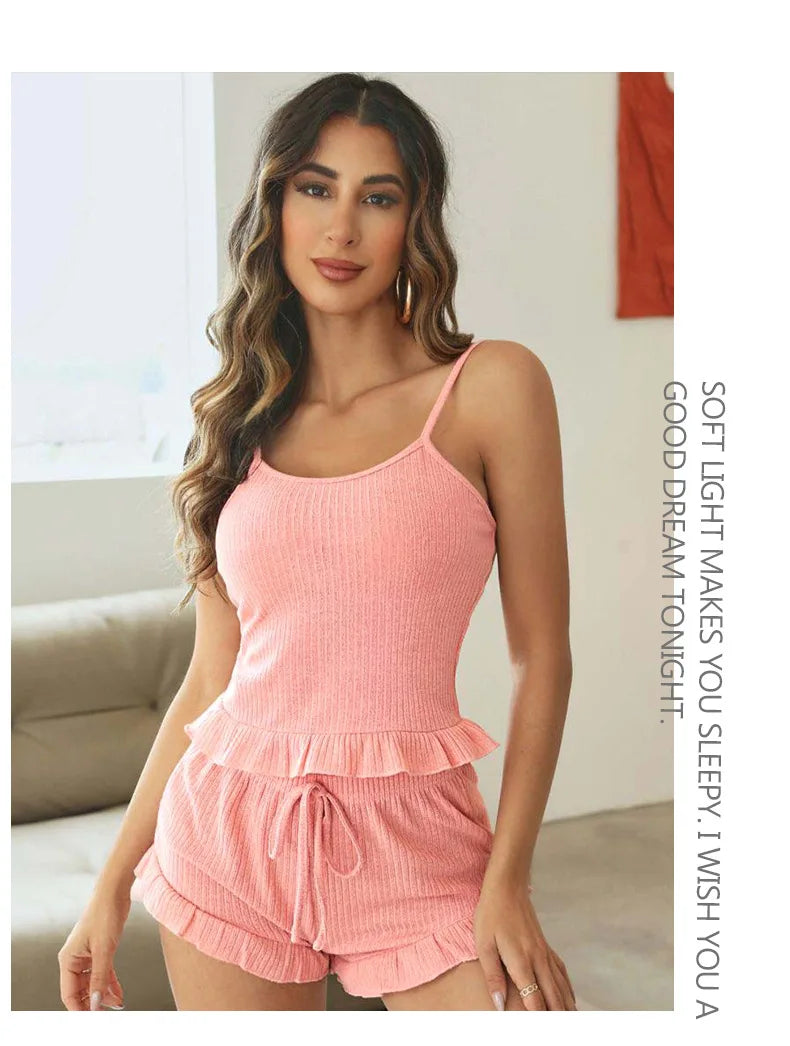 New Summer Womens Ribbed Knit Pajama Set Ruffle Trim Cami Top Drawstring Shorts Loungewear Two Piece Sleepwear Sexy Homewear