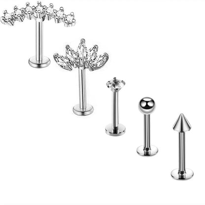 5PCS Flower Tragus Piercing Set Flat Back Cz Cartilage Stud Earring Helix Jewelry Conch Rook Stud Lot Labret Lip Piercing Bulk 5PCS Set21
