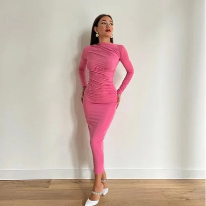 Sexy Bodycon Long Sleeve Midi Dress Women 2024 Autumn Slim Solid Party Package Hip Elegant Dresses For Women Robe Femme