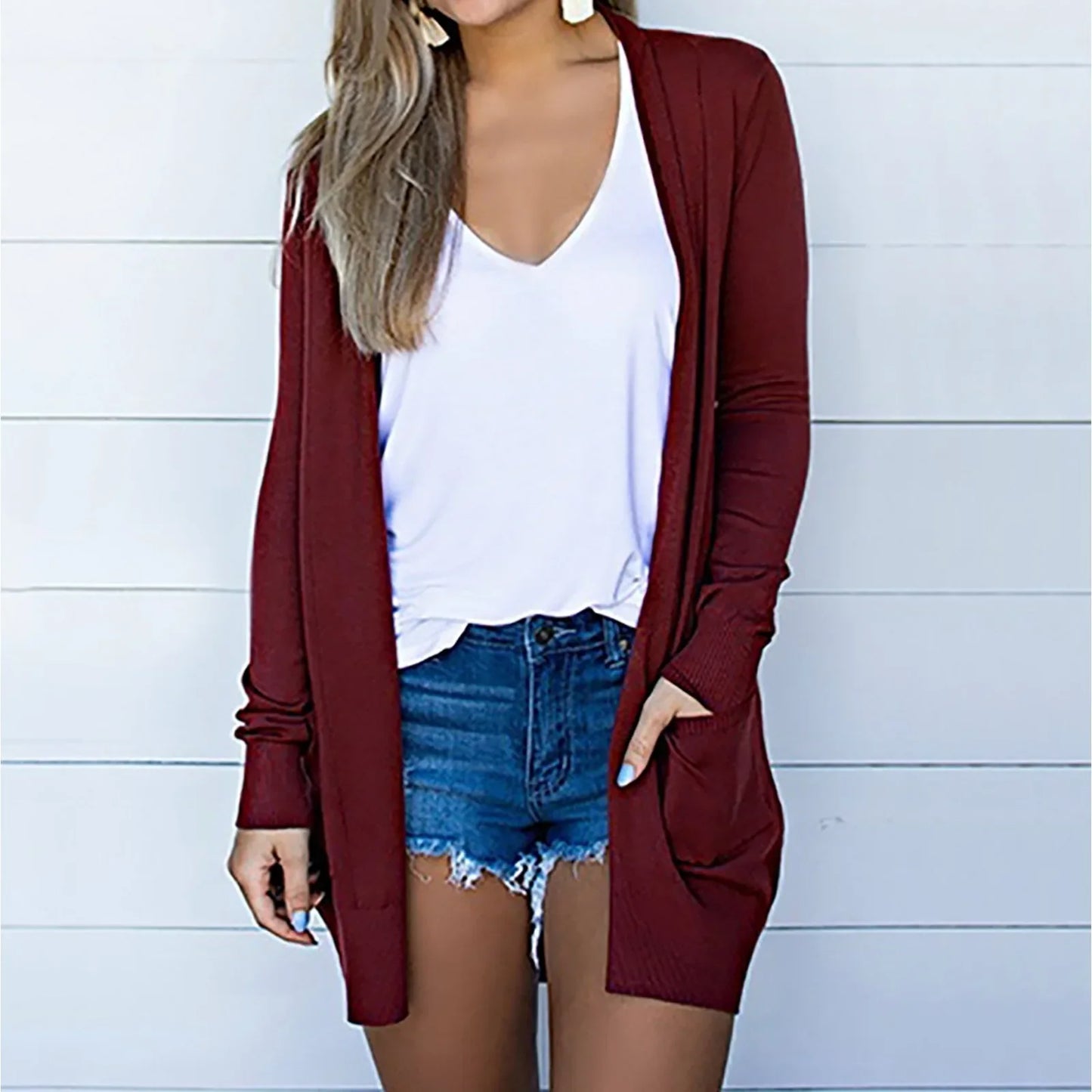 New Style Solid Color Simple Casual Long Sleeve Cardigan Pocket Jacket From Europe America Men Women Fashion Outerwear Wine red