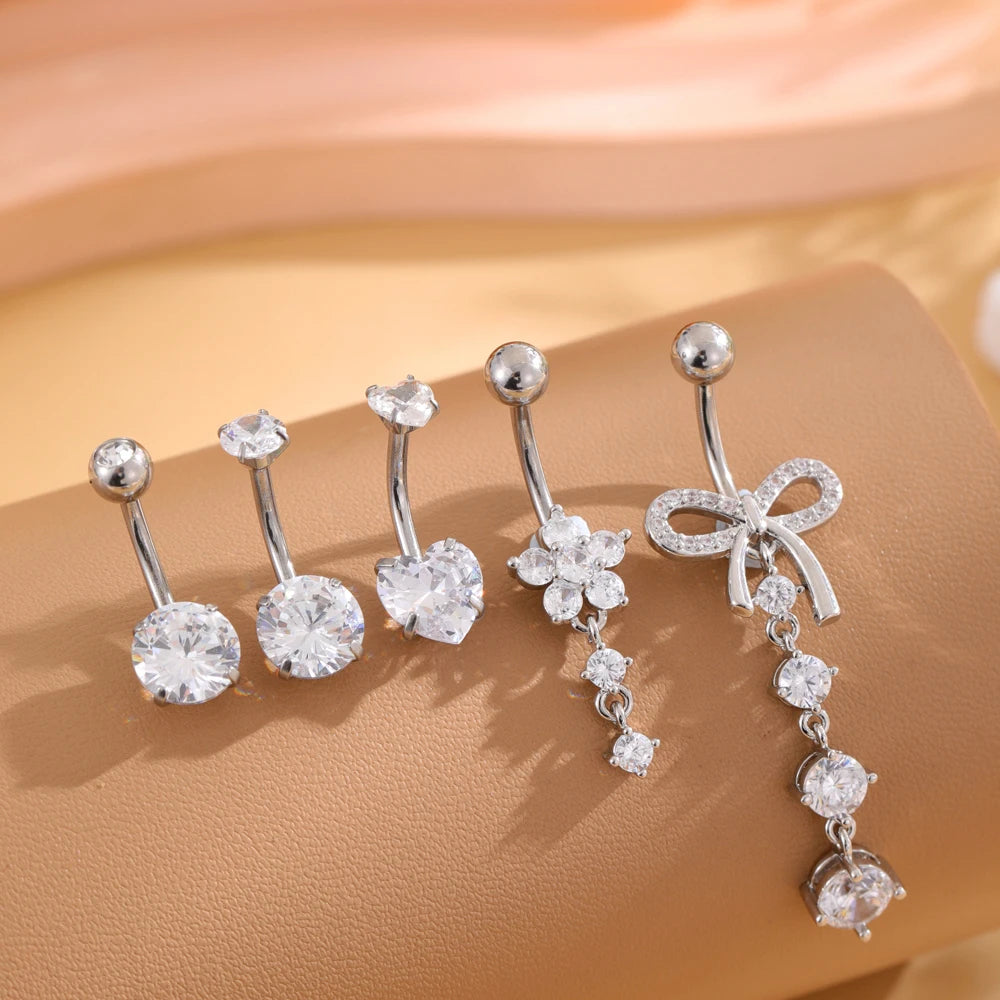 14G Gold Color Series Butterfly Dangled Belly Piercing Sets 5PCS/Lot Heart Flower Curved Navel Navel Ring Belly Button Rings 5pcs Steel Color