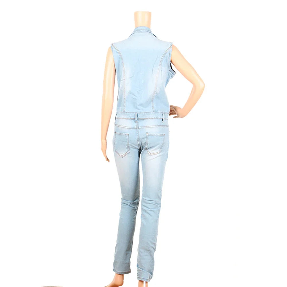 Denim Jumpsuit for Women Sexy Slim Fit Zipper Sleeveless V-Neck High Waist Fashion Jean Pants Rompers Badiee Stylez