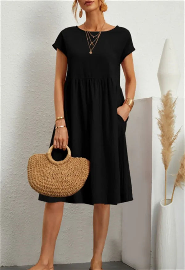 Cotton Linen Dress For Women Summer Casual Splicing Pocket Dresses Vestido Fashion Female Clothing Short Sleeve Loose Midi Dress black