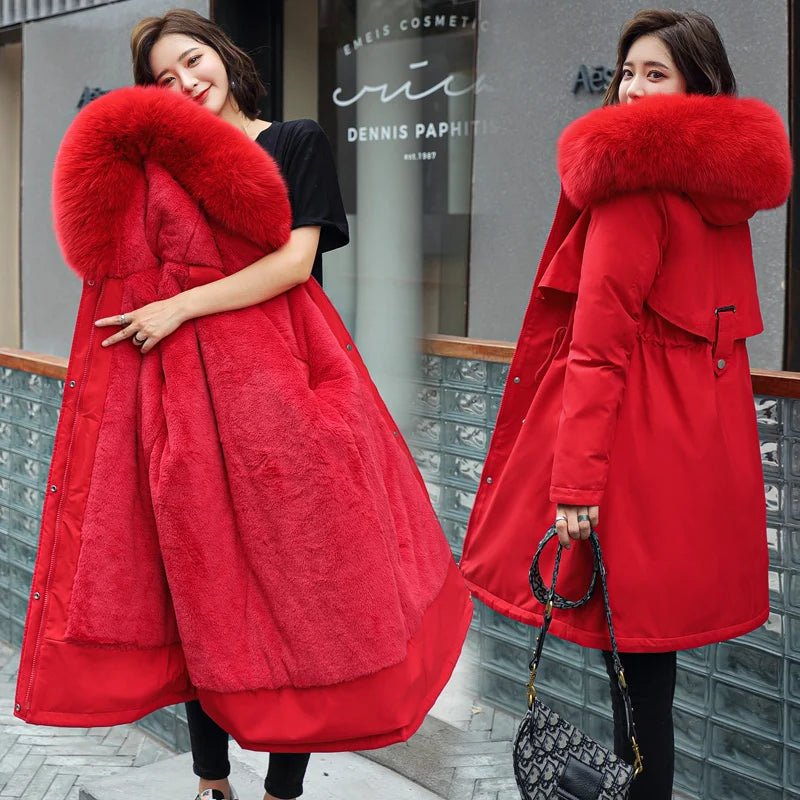 Thiened Fce Women's Cotton Jaet Korean Sle Slim Fit Mid-Length Parka Coat Warm Casual Outerwear for Winter Season
