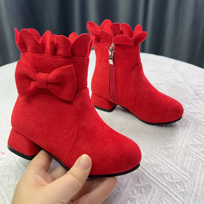 Spring Autumn Bow Girls Fashion Toddler Boots PU Leather Low Heel Kids Princess Boots Party Zip Children Ankle Baby Girl Shoes Red
