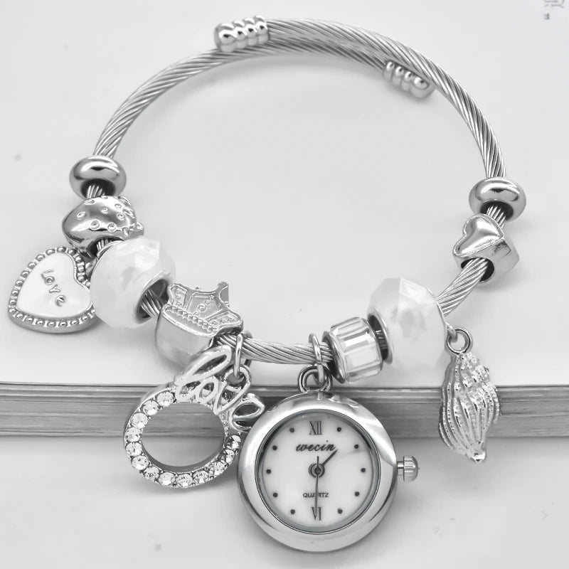 Fashion Women's Bracelet Watch Love with stylish decor refined round quartz watch silvery casual elegance