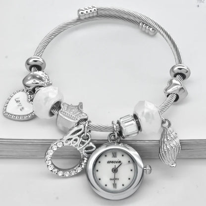 Fashion Women's Bracelet Watch Love with stylish decor refined round quartz watch silvery casual elegance