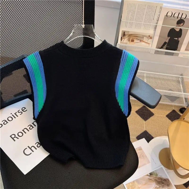 Summer New Fashion Patchwork Knitted Tanks Women Vintage Loose O-neck Soft Comfortable Casual Sleeveless Tops