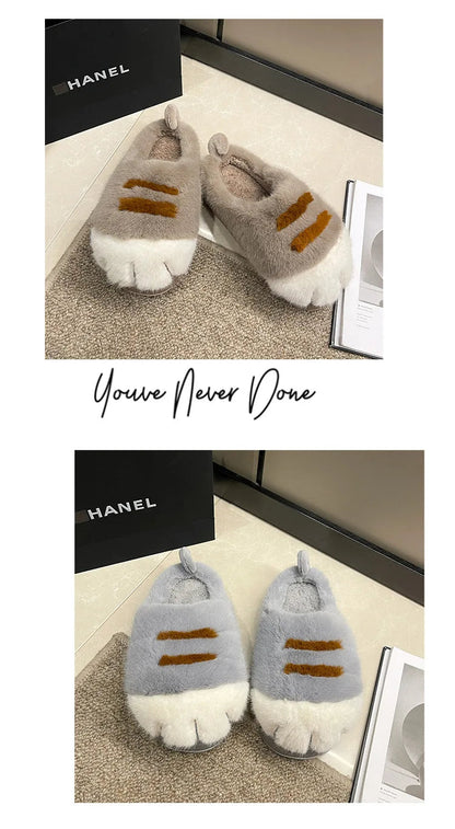 New Adorable Kitty Claw Slippers Women's Home Shoes Non Slip Furry Mules Female Fashion Warm Fluffy Slides Outdoor Cat Slippers Badiee Stylez