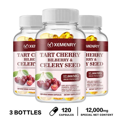 Organic Tart Cherry & Celery Seed Capsules - Uric Acid Cleanse, Support Sleep & Joint Health Muscle Repair Supplement 120 Capsule-3bottles