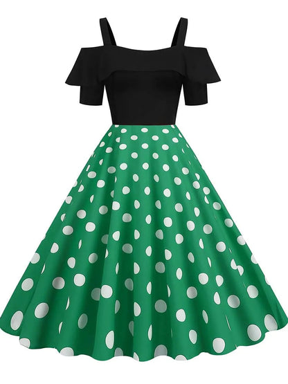 Off the Shoulder Elegant Vintage Party Dress Women Summer Polka Dot Ruffles A Line Midi Dresses Badiee Stylez