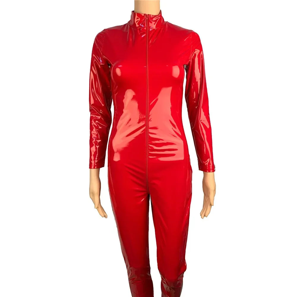 Women's Wet Look Shiny PU Faux Leather Jumpsuit Suit Long Sleeve Zipper Open Crotch Latex Bodysuit Clubwear Plus Size Badiee Stylez