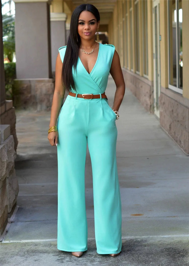 Business Formal Jumpsuit Work Wear Women Romper Elegant Long Deep V Neck Sleeveless High Waist Wrap Jumpsuits Fashion Streetwear Badiee Stylez
