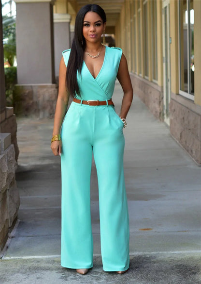Business Formal Jumpsuit Work Wear Women Romper Elegant Long Deep V Neck Sleeveless High Waist Wrap Jumpsuits Fashion Streetwear Badiee Stylez