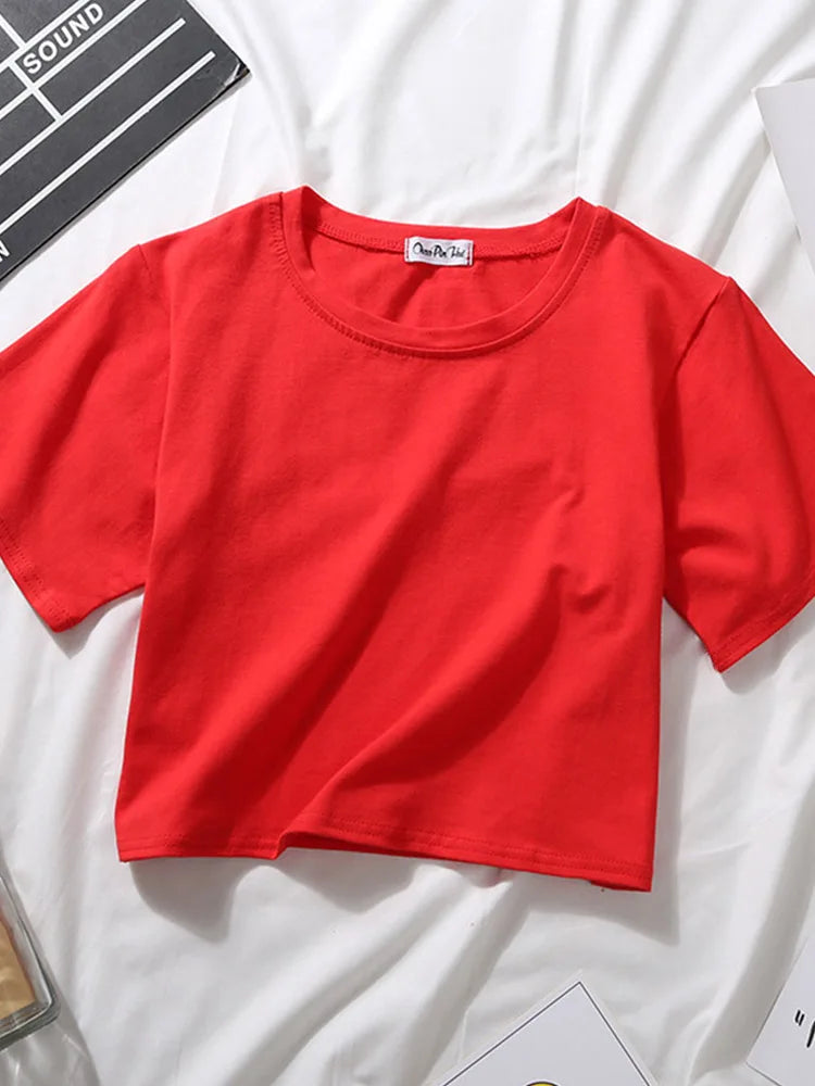 Summer Short Sleeve T Shirts Women Cotton Solid T-shirt O Neck High Waist Crop Top Tee Female Casual Loose T Shirt Badiee Stylez