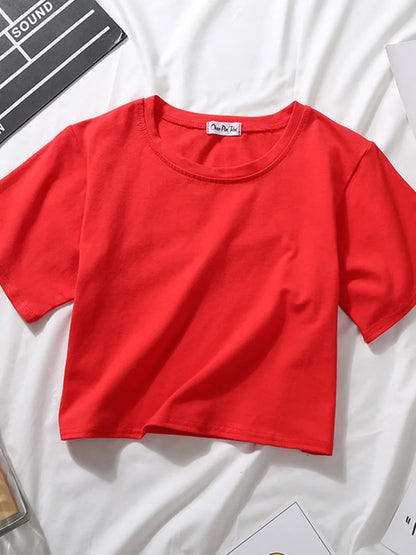 Summer Short Sleeve T Shirts Women Cotton Solid T-shirt O Neck High Waist Crop Top Tee Female Casual Loose T Shirt Badiee Stylez