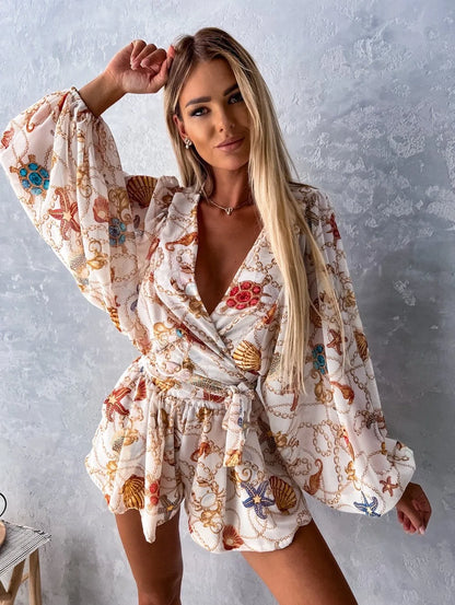Sexy Deep V Neck Jumpsuit For Women Summer Casual Boho Beach Vacation Outfit Fashion Print Lantern Sleeve Rompers Shorts Women's camel