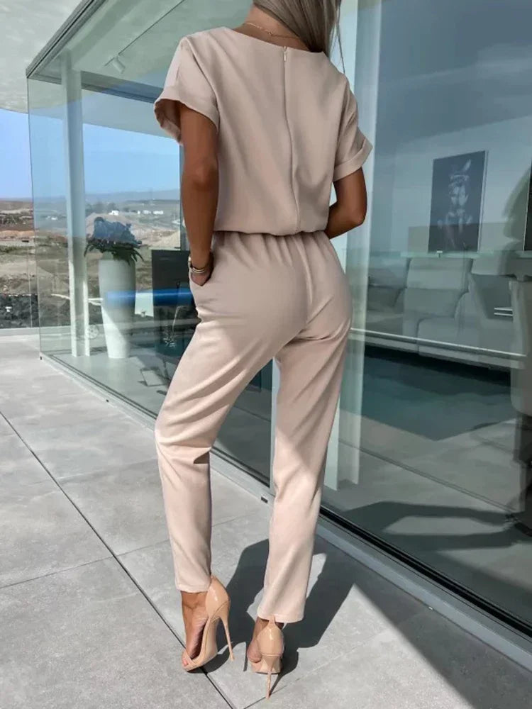 Jumpsuit Women 2023 Solid Color Short Sleeve V-neck Pocket Lace-up Pencil Long Pants Jumpsuits Summer Outfits Bodysuits Badiee Stylez