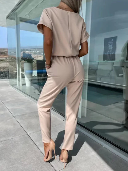 Jumpsuit Women 2023 Solid Color Short Sleeve V-neck Pocket Lace-up Pencil Long Pants Jumpsuits Summer Outfits Bodysuits Badiee Stylez