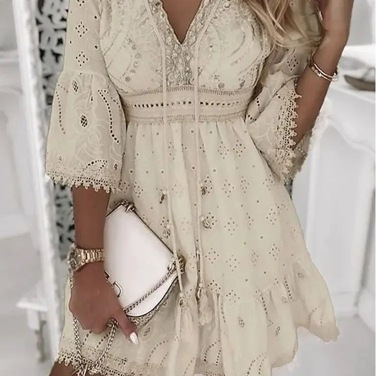 Hollow Out Summer Dress for Women Female V Neck Long Sleeve White Dresses Loose Solid Casual Women Beach Holiday Dress Vestidos Badiee Stylez