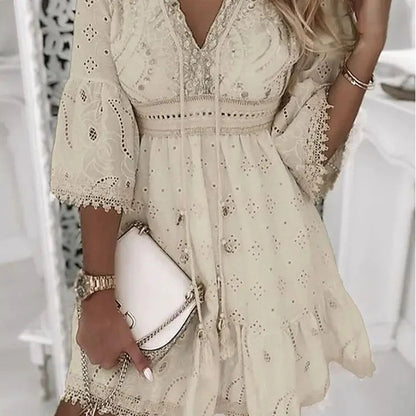 Hollow Out Summer Dress for Women Female V Neck Long Sleeve White Dresses Loose Solid Casual Women Beach Holiday Dress Vestidos Badiee Stylez