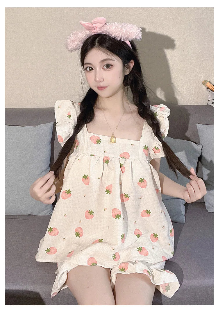 Summer Pajamas Loungewear Set Women's Summer Suspender Pajama Set Student Vest Shorts Foam Insy Style Two-Piece Loungewear Set