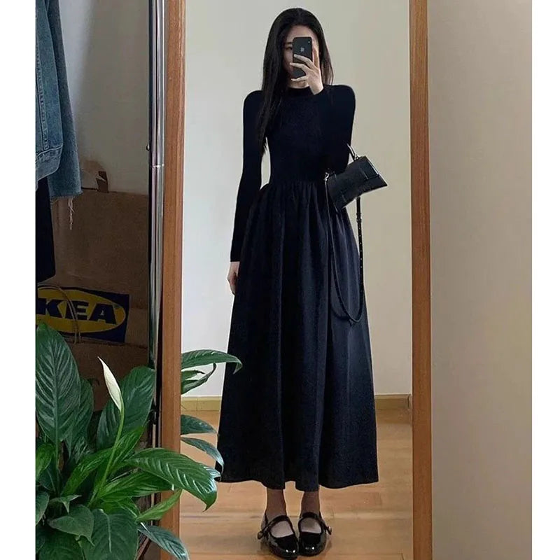 Lucyever French Style Black A-Line Dresses Women Elegant High Waist Long Sleeve Midi Dress Autumn Winter Slim Fit Maxi Dress