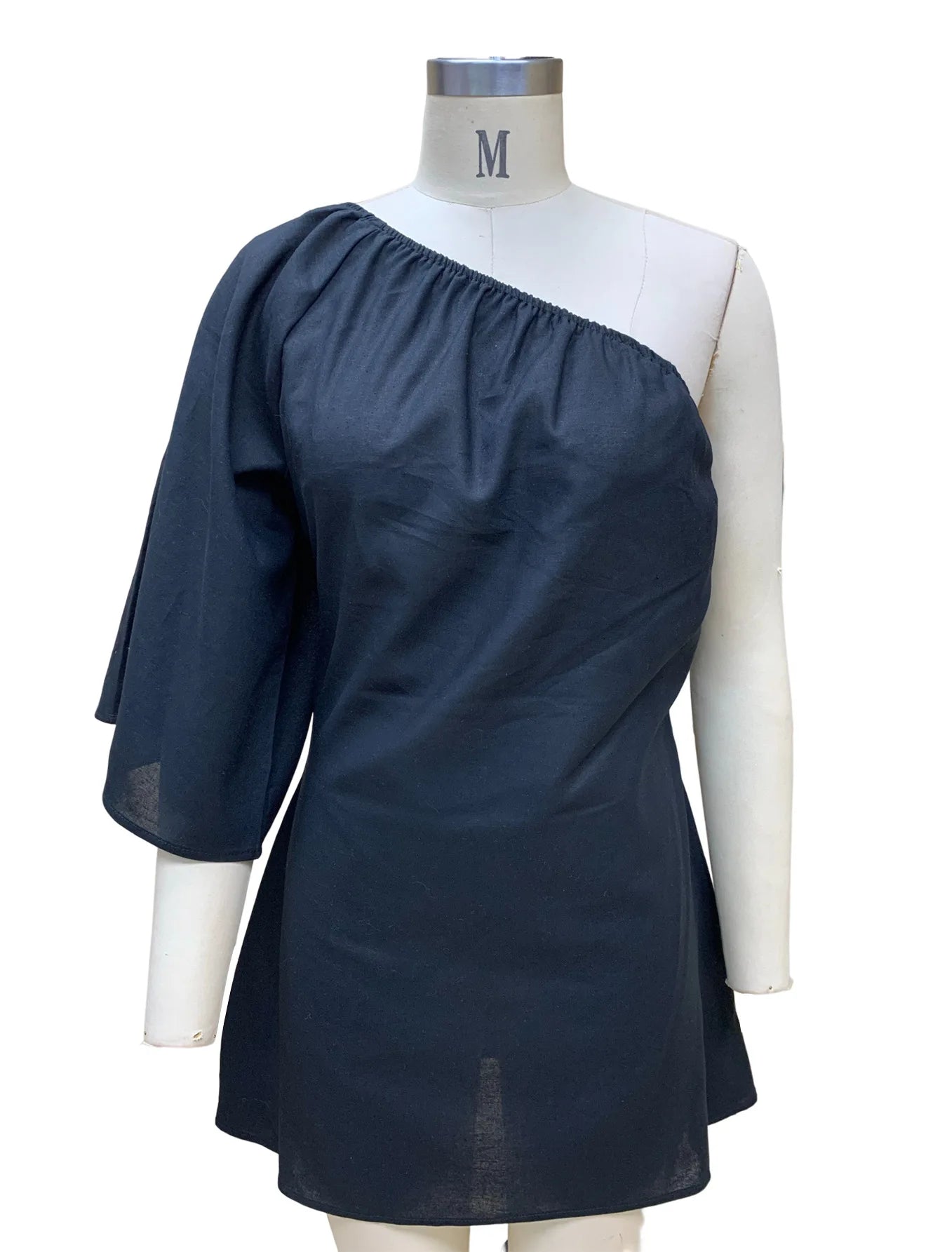 White Oblique Shoulder Cotton Linen Mini Dresses For Women Sexy Black One Shoulder Basic Puff Sleeve Party Club Dress Vestidos
