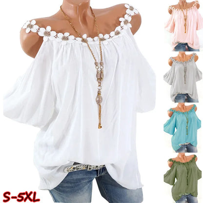Fashion Summer Off Shoulder Women Blouse with Lace Flower 2025 Short Sleeve O-neck Shirt Sexy Lady Solid Top Loose Clothes 24933
