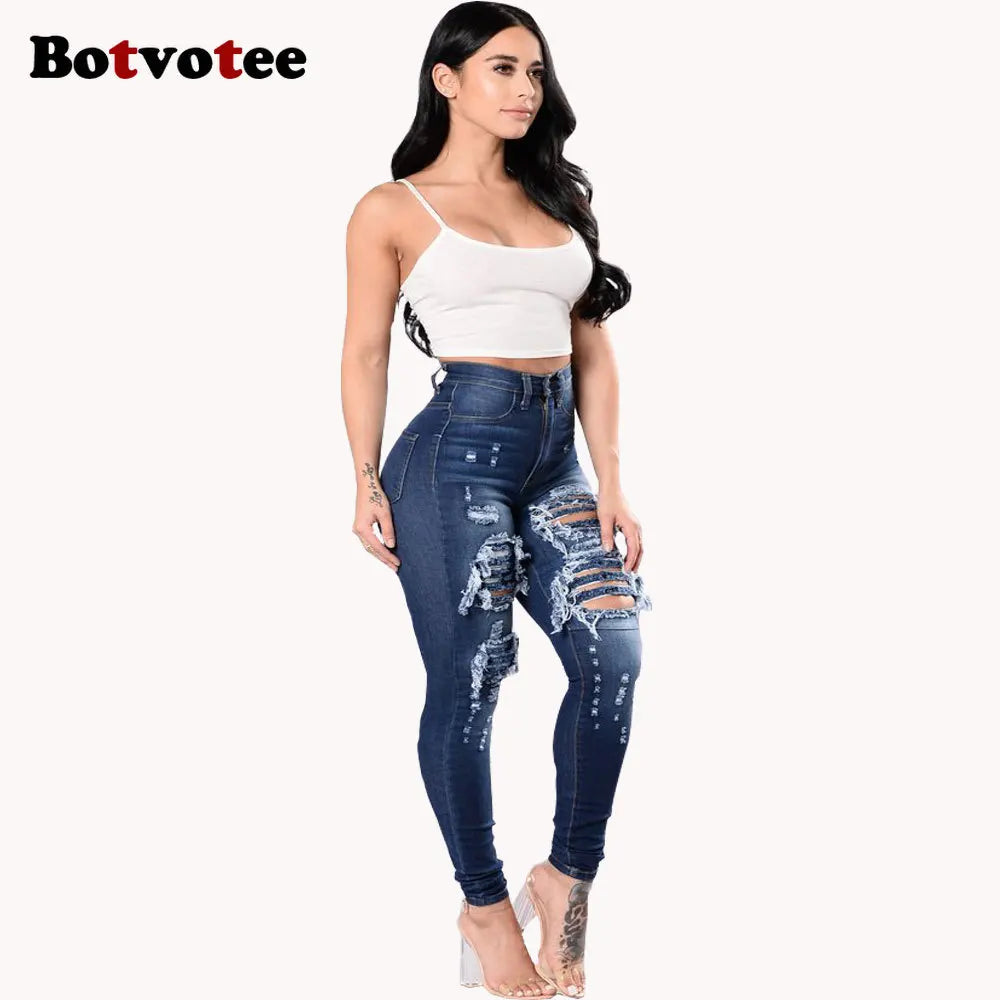 Botvotee Ripped Skinny High Waisted Pencil Jeans for Women Casual Y2K Streetwear Denim Pants Dark Blue Elastic Jeans Woman - Badiee Stylez
