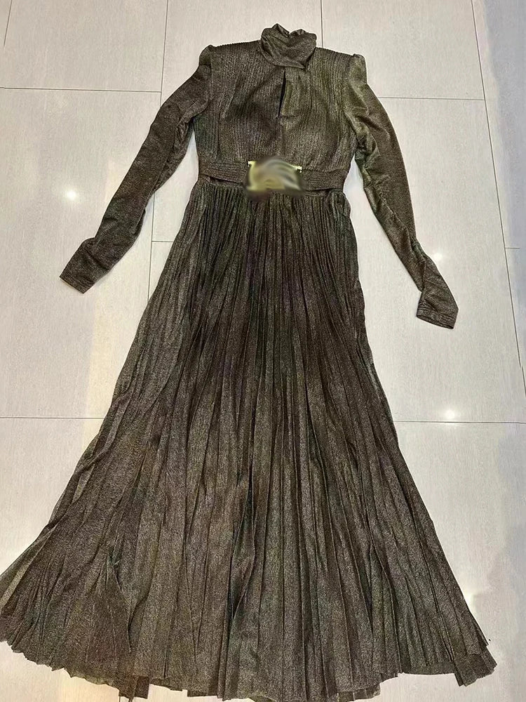 TWOTWINSTYLE Solid Spliced Belt Slimming Dresses For Women O Neck Long Sleeve High Waist Temperament Long Dress Female Clothes GOLD