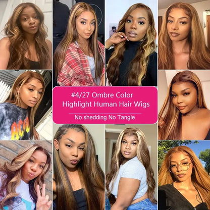 34Inch Bone Straight Highlight Lace Front Human Hair Ombre 13x4 Lace Frontal Wigs 13x6 Honey Blonde Colored Wigs For Women