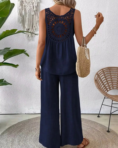 Hollow Out 2 Piece Sets Women Lace Sleeveless Top Wide Leg Pants Set Solid Color New Matching Sets 2 Piece Sets Women New 2024